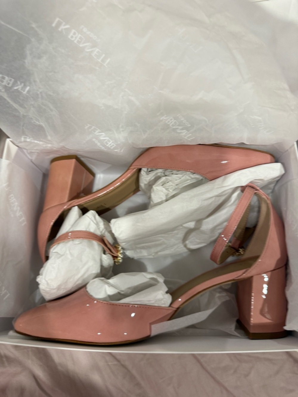 LK Bennett Darling Pink Patent Block Heel Embellish Ankle-Strap Pumps - Picture 9 of 12